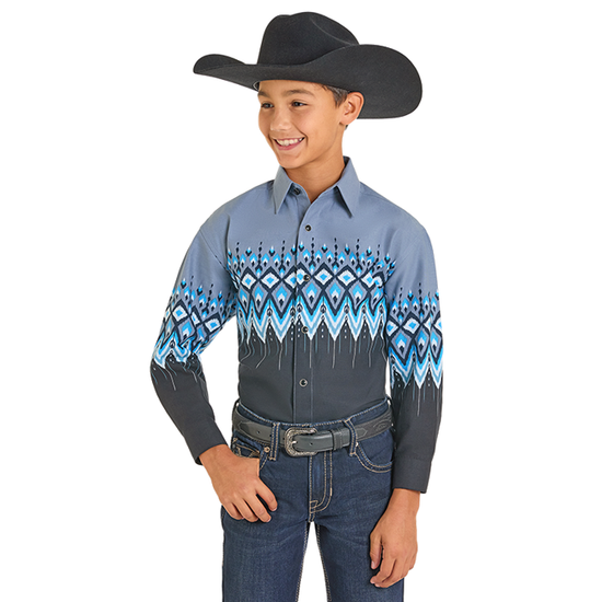 Panhandle Youth Boy's Aztec Border Black Snap Button Down Shirt SBN2S07386