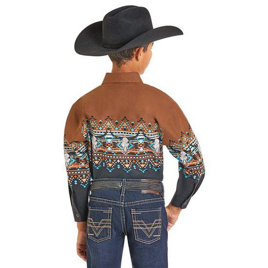 Panhandle Youth Boy's Aztec Border Black & Rust Button Down Shirt SBN2S07387