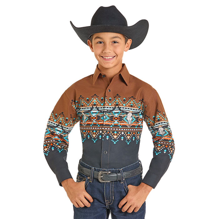 Panhandle Youth Boy's Aztec Border Black & Rust Button Down Shirt SBN2