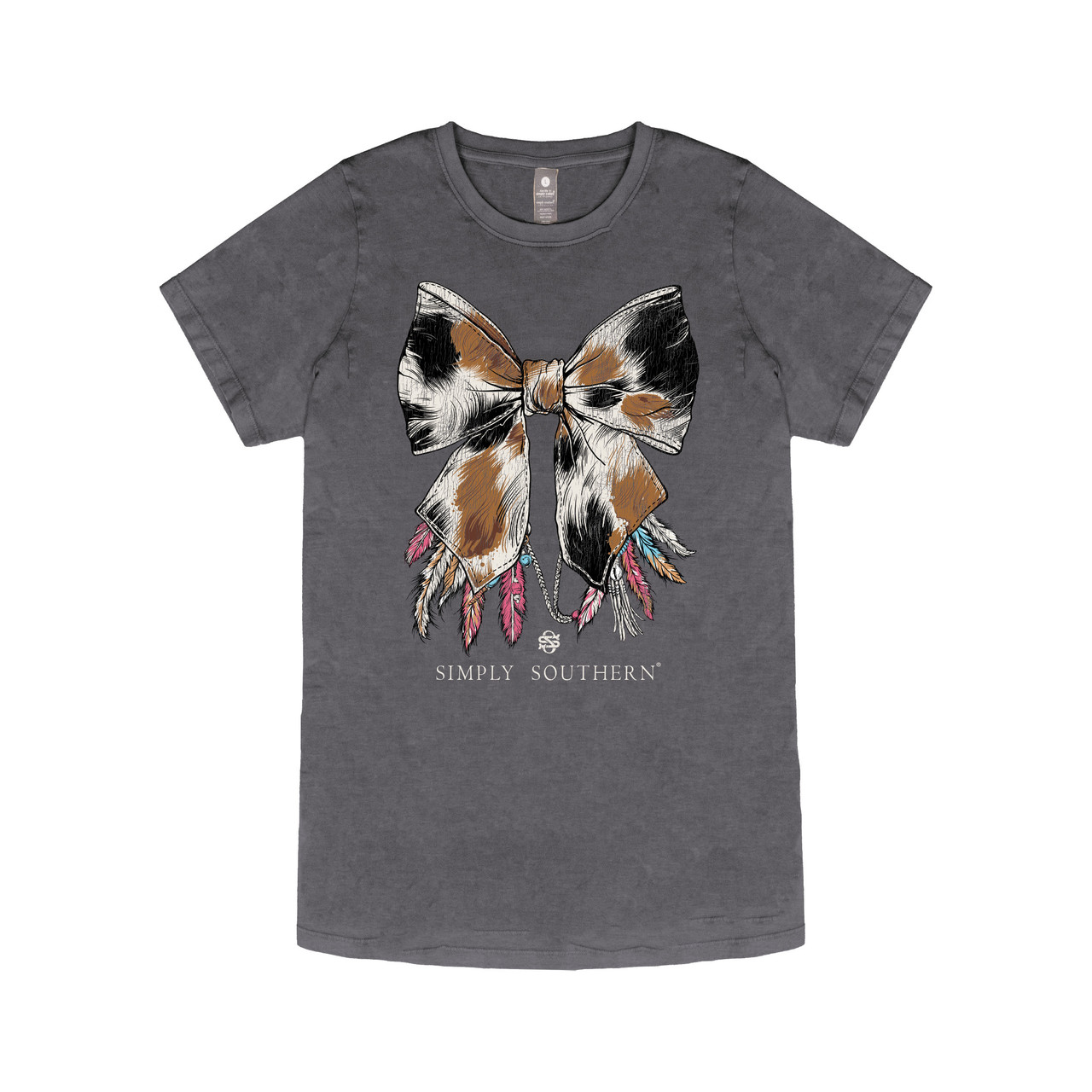 Simply Southern Ladies Dark Grey Cow Print Bow T-Shirt SS-COWBOW-WSHCO