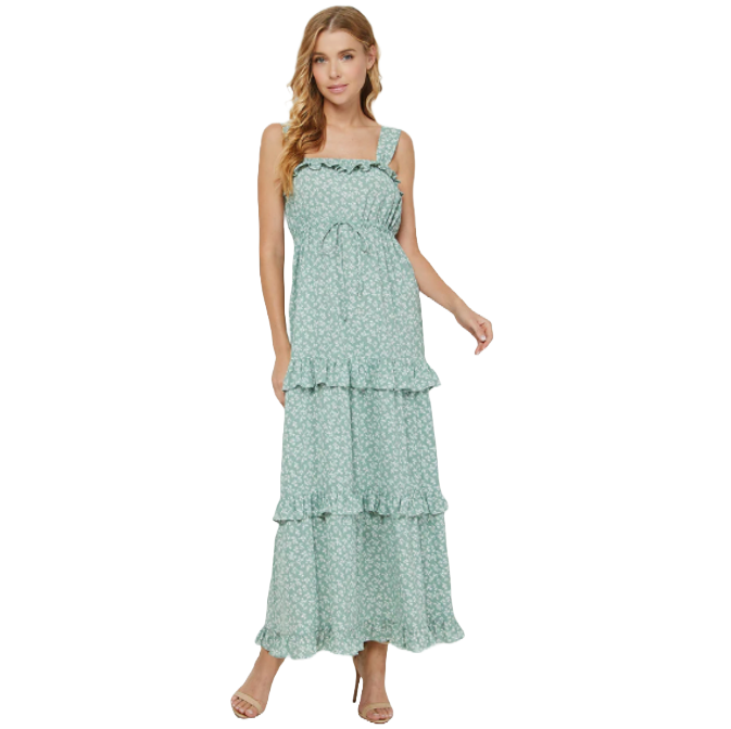 Yura Ladies Tiered Floral Sage Green Maxi Dress YD1275KJ-SAGE M Yura Ladies Tiered Floral Sage Green Maxi Dress YD1275KJ-SAGE M