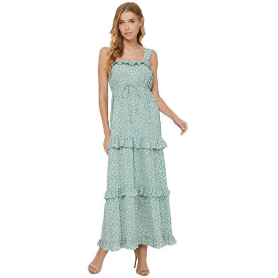 Yura Ladies Tiered Floral Sage Green Maxi Dress YD1275KJ-SAGE Yura Ladies Tiered Floral Sage Green Maxi Dress YD1275KJ-SAGE
