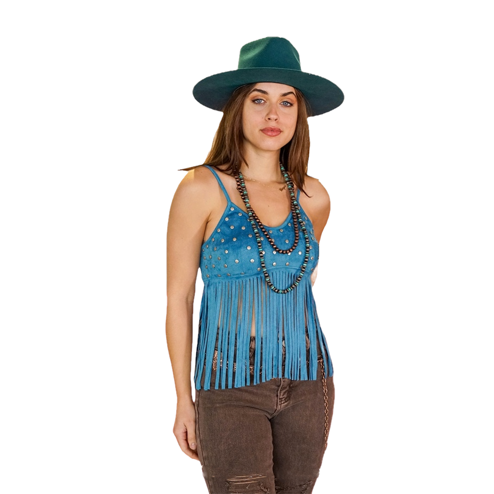 Lucky & Blessed Ladies Fringed Suede Teal Crop Top TO156-TL
