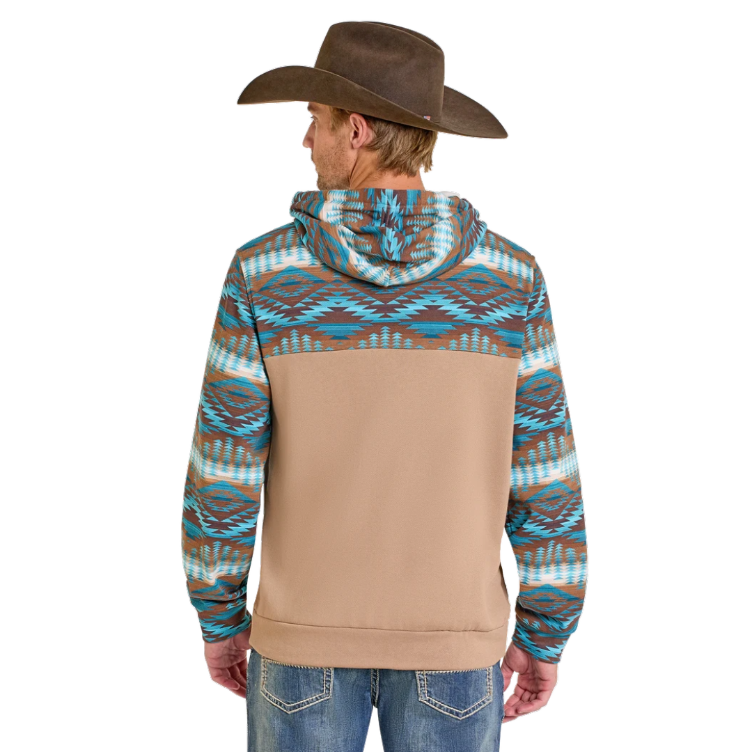 Rock & Roll Denim Men's Aztec Color-Block Graphic Tan Henley Hoodie BM94T07306