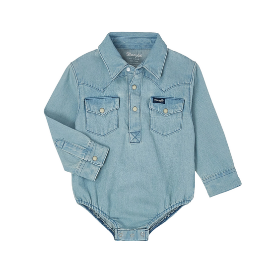 Wrangler® Boy's Infant Faded Blue Denim Long Sleeve Bodysuit PQ1371D