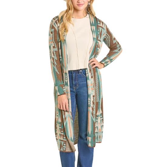 Rock & Roll Ladies Multicolor Brown Aztec Knit Duster BW95T06954-24