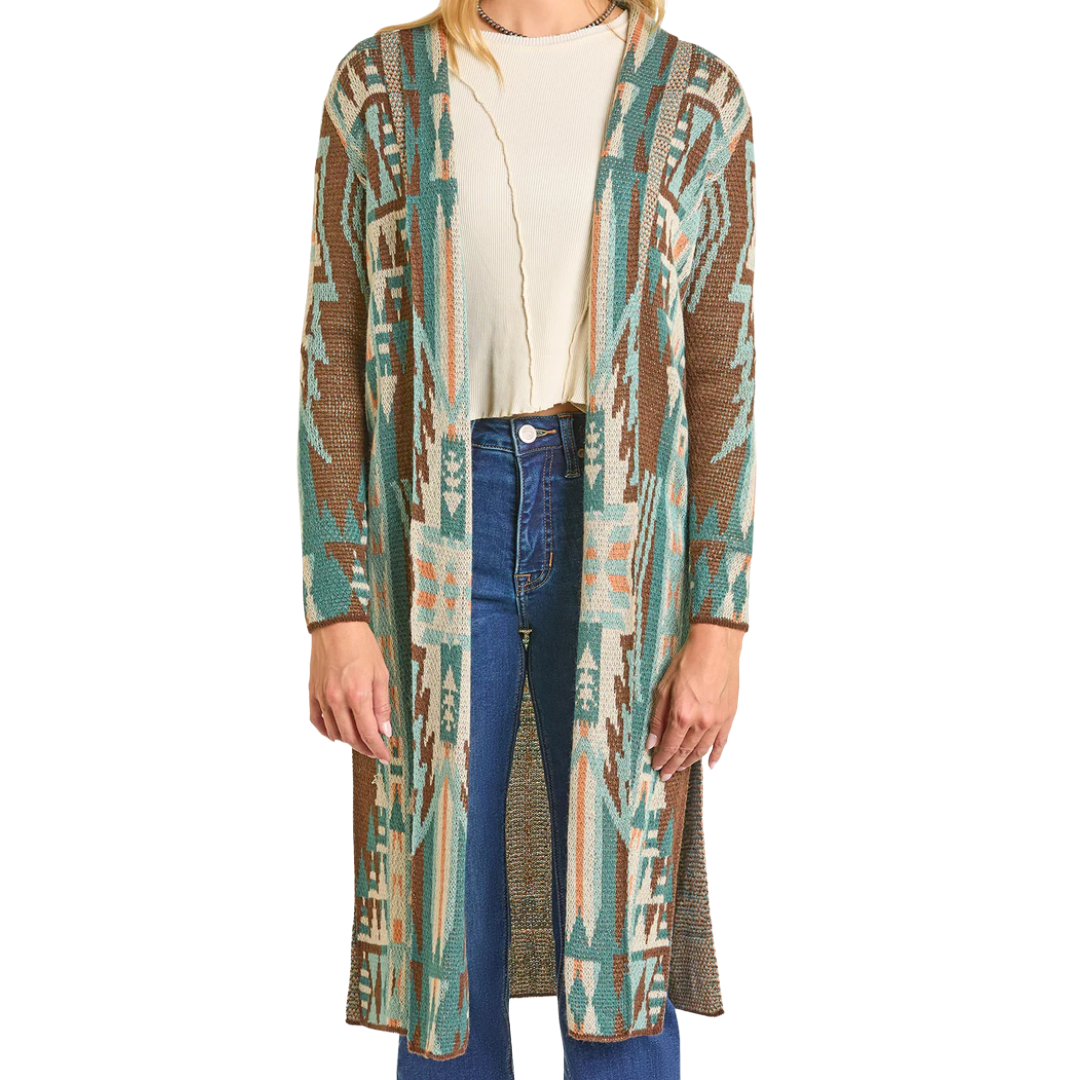 Rock & Roll Ladies Multicolor Brown Aztec Knit Duster BW95T06954-24