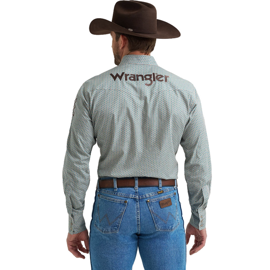 Wrangler Men's Logo Blue & Grey Print Snap Shirt 112369449