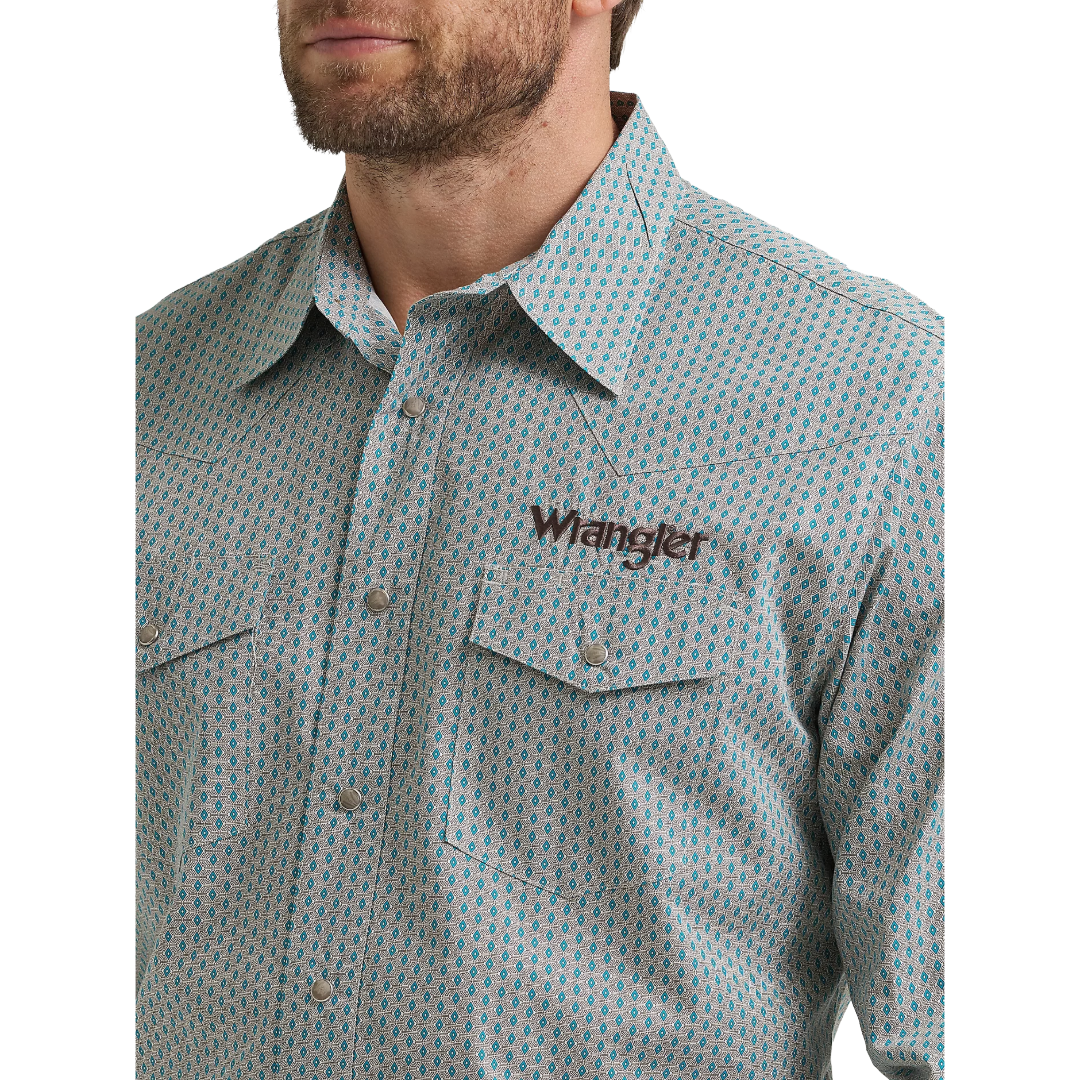 Wrangler Men's Logo Blue & Grey Print Snap Shirt 112369449