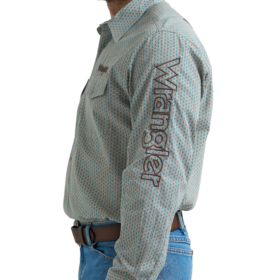 Wrangler Men's Logo Blue & Grey Print Snap Shirt 112369449