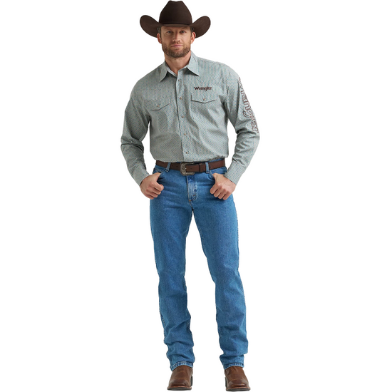 Wrangler Men's Logo Blue & Grey Print Snap Shirt 112369449