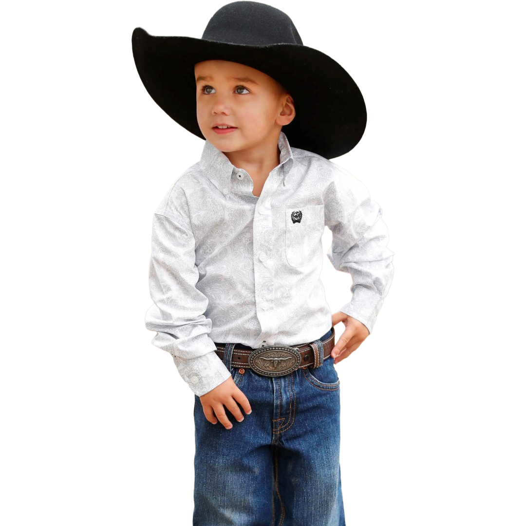 Cinch Youth Boy's White Paisley Print Button Down Shirt MTW7061393