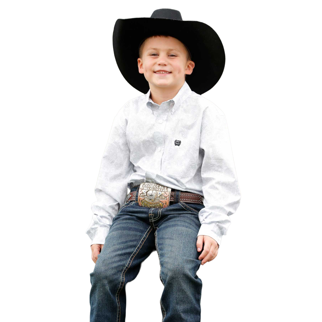 Cinch Youth Boy's White Paisley Print Button Down Shirt MTW7060393