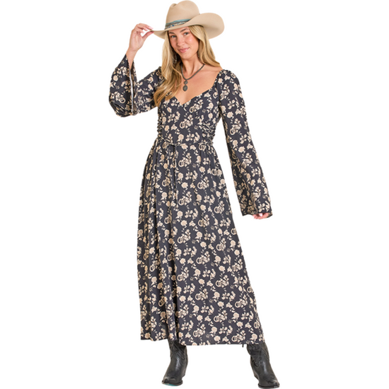 Rock & Roll Ladies Black Floral Print Midi Dress BWD2R07823