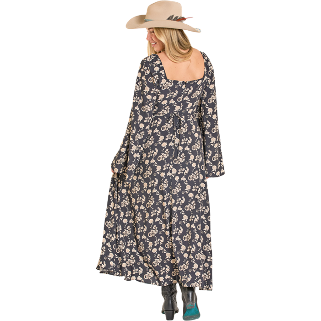 Rock & Roll Ladies Black Floral Print Midi Dress BWD2R07823