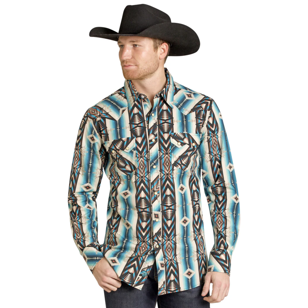 Rock & Roll Men's Teal Aztec Print Snap Button Shirt BMN2S07648
