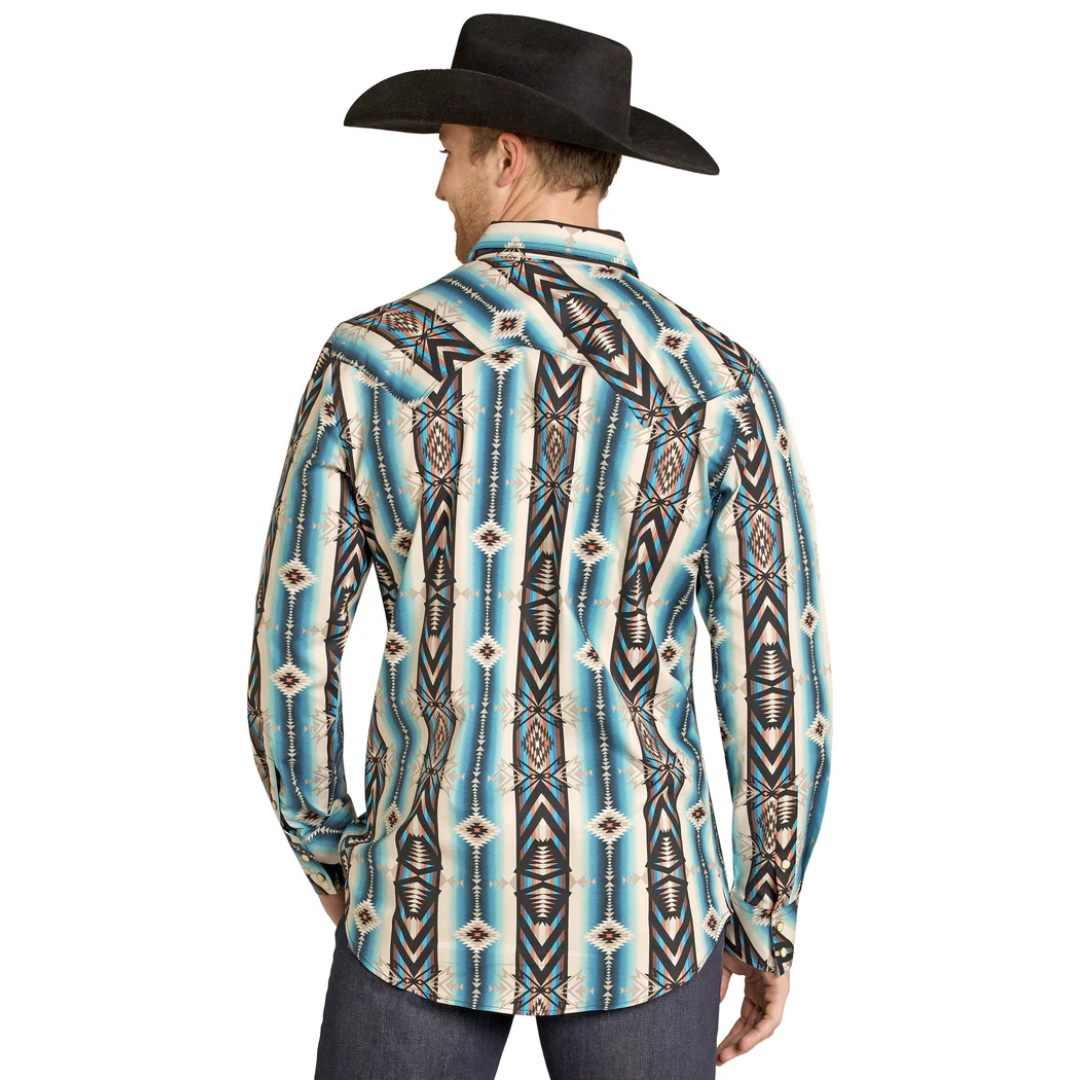 Rock & Roll Men's Teal Aztec Print Snap Button Shirt BMN2S07648