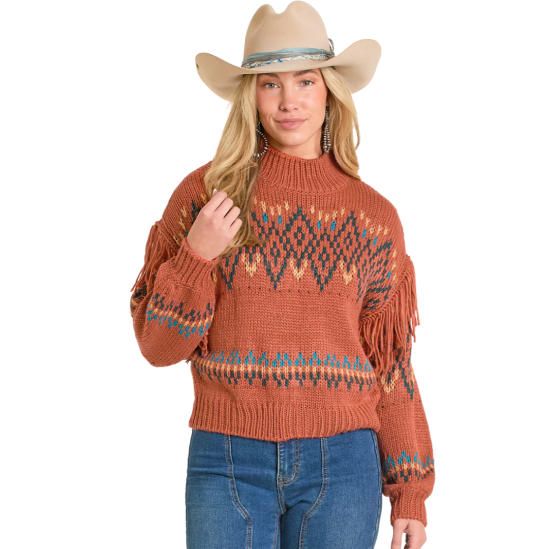 Rock & Roll Ladies Orange Mock Neck Sweater BW32T07766