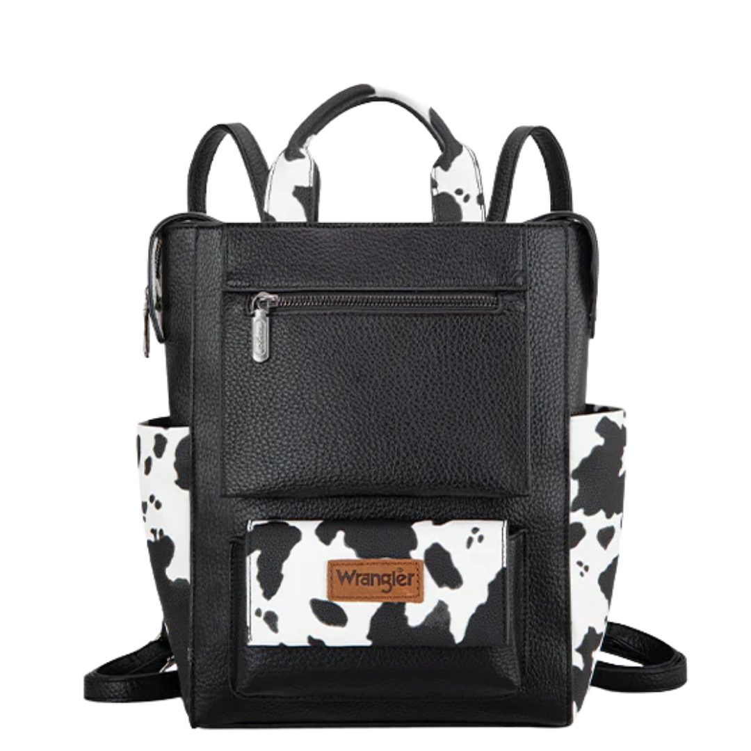 convertible backpack in black & white cowhide leather Wrangler Black Cow Print Convertible Leather Backpack