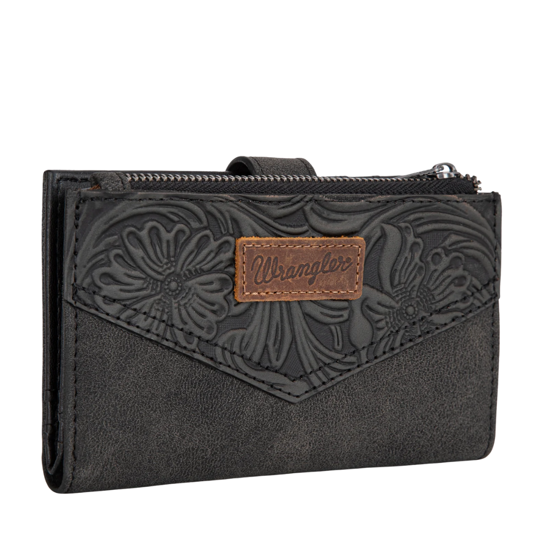 Wrangler Black Floral Tooled Card Holder Bi-Fold Wallet WG162-W0331BK