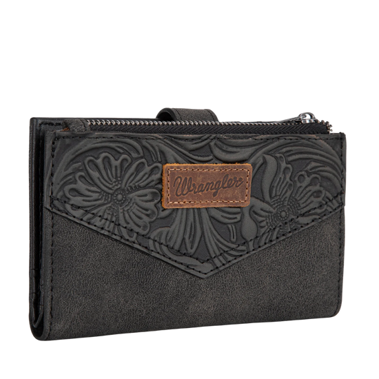 Wrangler Black Floral Tooled Card Holder Bi-Fold Wallet WG162-W0331BK