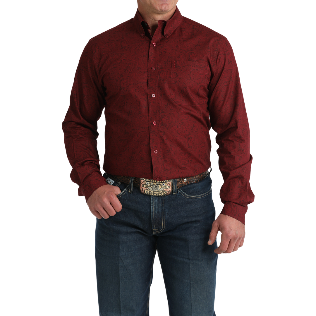 Cinch Men's Long Sleeve Button Down Burgundy Shirt MTW1347149