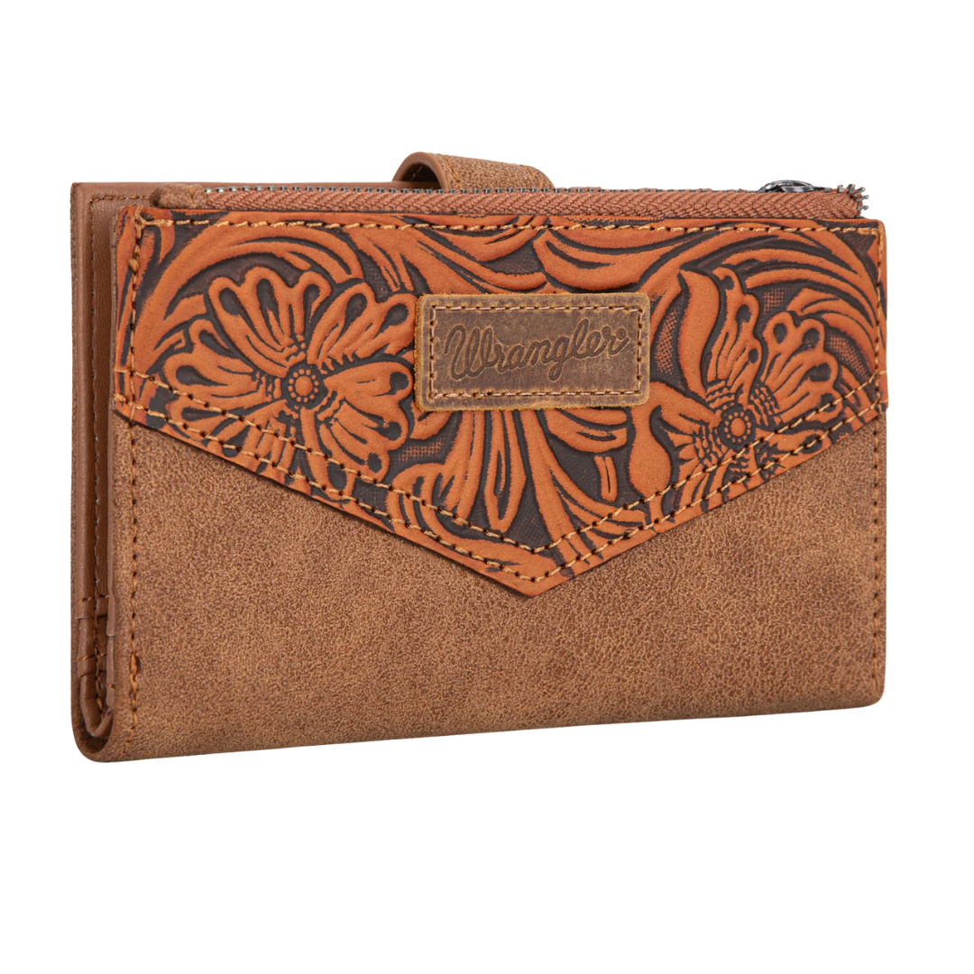 Wrangler Brown Floral Tooled Card Holder Bi-Fold Wallet WG162-W0331BR