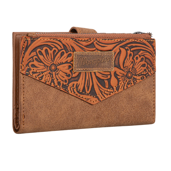 Wrangler Brown Floral Tooled Card Holder Bi-Fold Wallet WG162-W0331BR