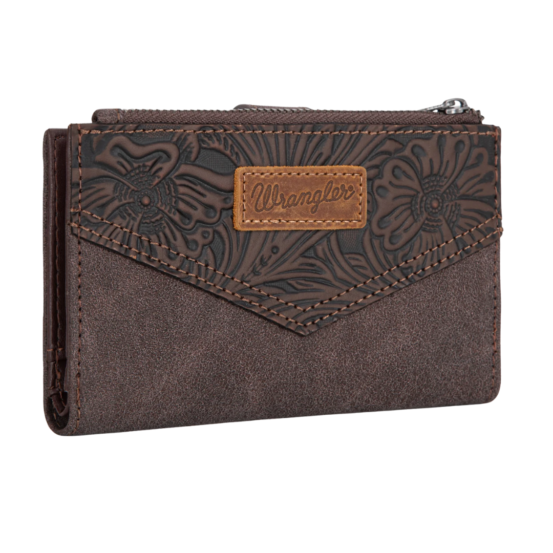 Wrangler Coffee Floral Tooled Card Holder Bi-Fold Wallet WG162-W0331CF