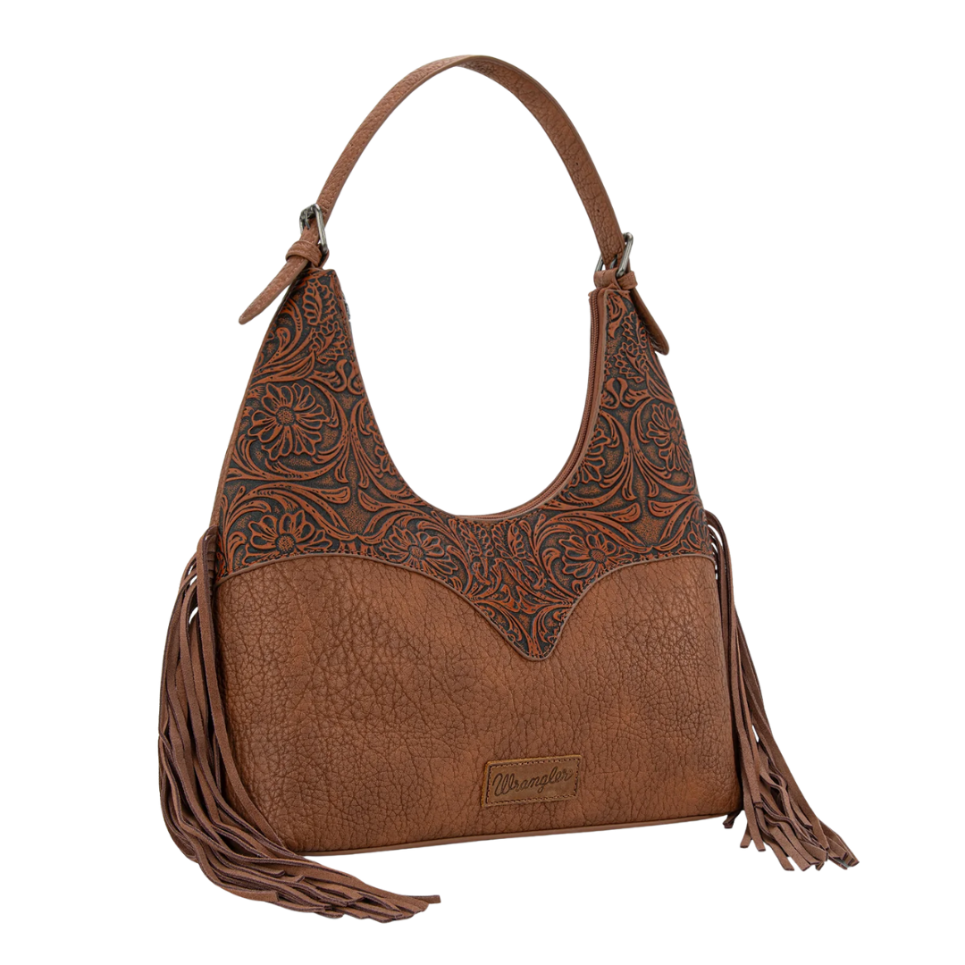 Wrangler Brown Fringe Floral Tooled Hobo Bag WG265-3027BR