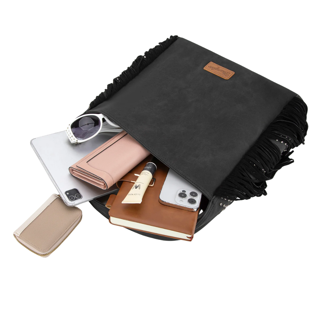 Wrangler Black Fringe Studded Hobo Bag WG244-9182BK