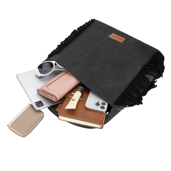 Wrangler Black Fringe Studded Hobo Bag WG244-9182BK