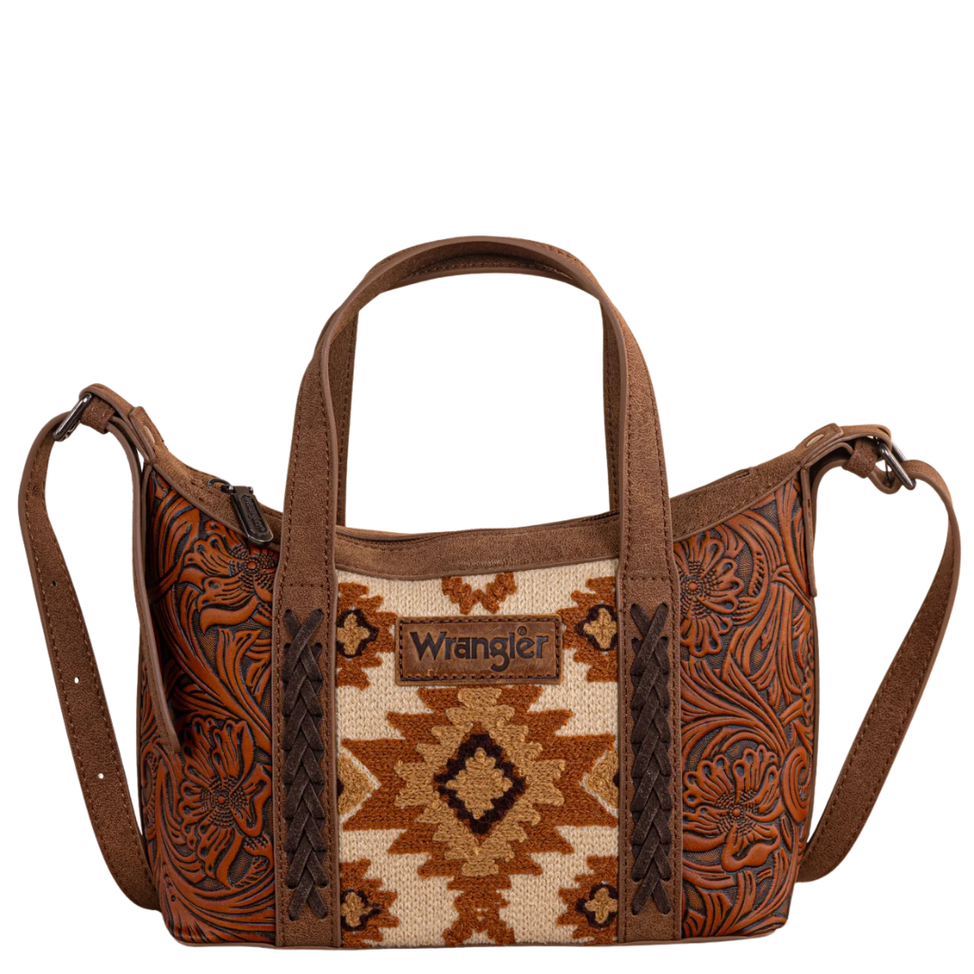 Wrangler Brown Tooled Aztec Pattern Print Crossbody Tote WG226-8605BR
