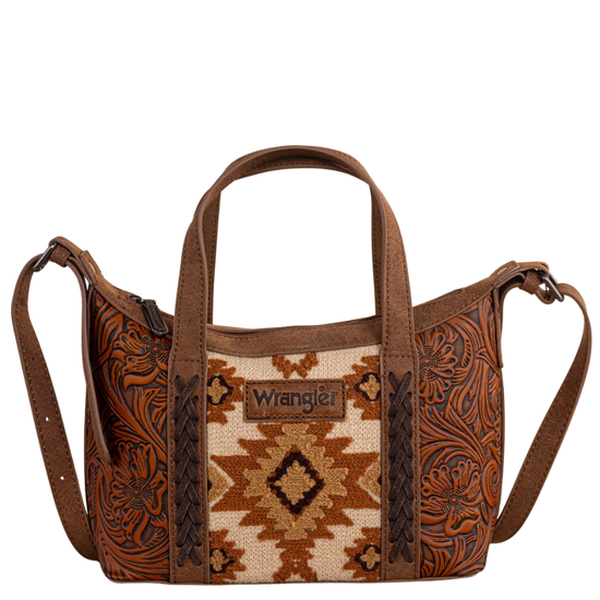 Wrangler Brown Tooled Aztec Pattern Print Crossbody Tote WG226-8605BR