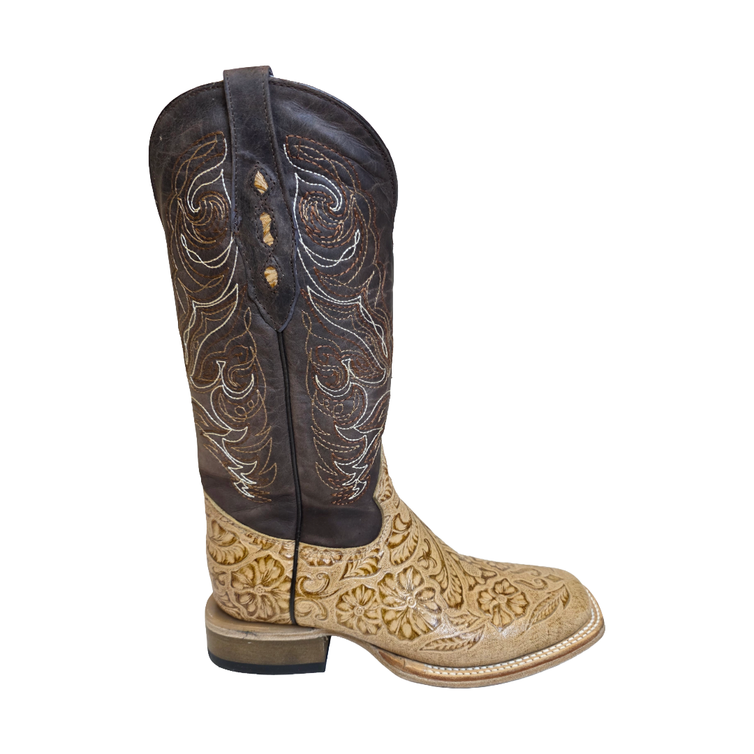 Cowtown® Ladies Oryx Floral Tooled Brown & Tan Square Toe Boots Q452