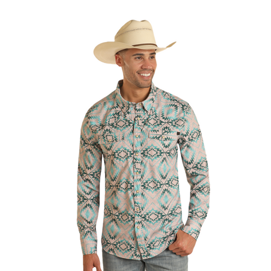 Panhandle Men's Tek Aztec Print Teal Snap Shirt BMN2S03381