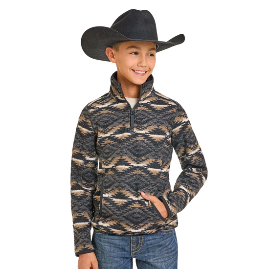 Rock & Roll Youth Boy's Black Aztec Print 1/4 Zip Berber Pullover BB91C06750