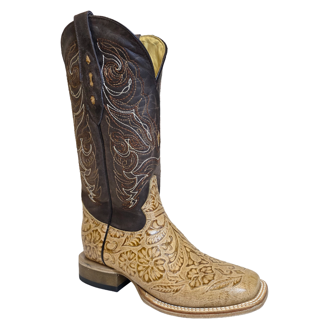 Cowtown® Ladies Oryx Floral Tooled Brown & Tan Square Toe Boots Q452