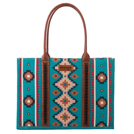 Wrangler Ladies Southwestern Dual Sided Dark Turquoise Wide Tote Bag WG2203-8119DTQ
