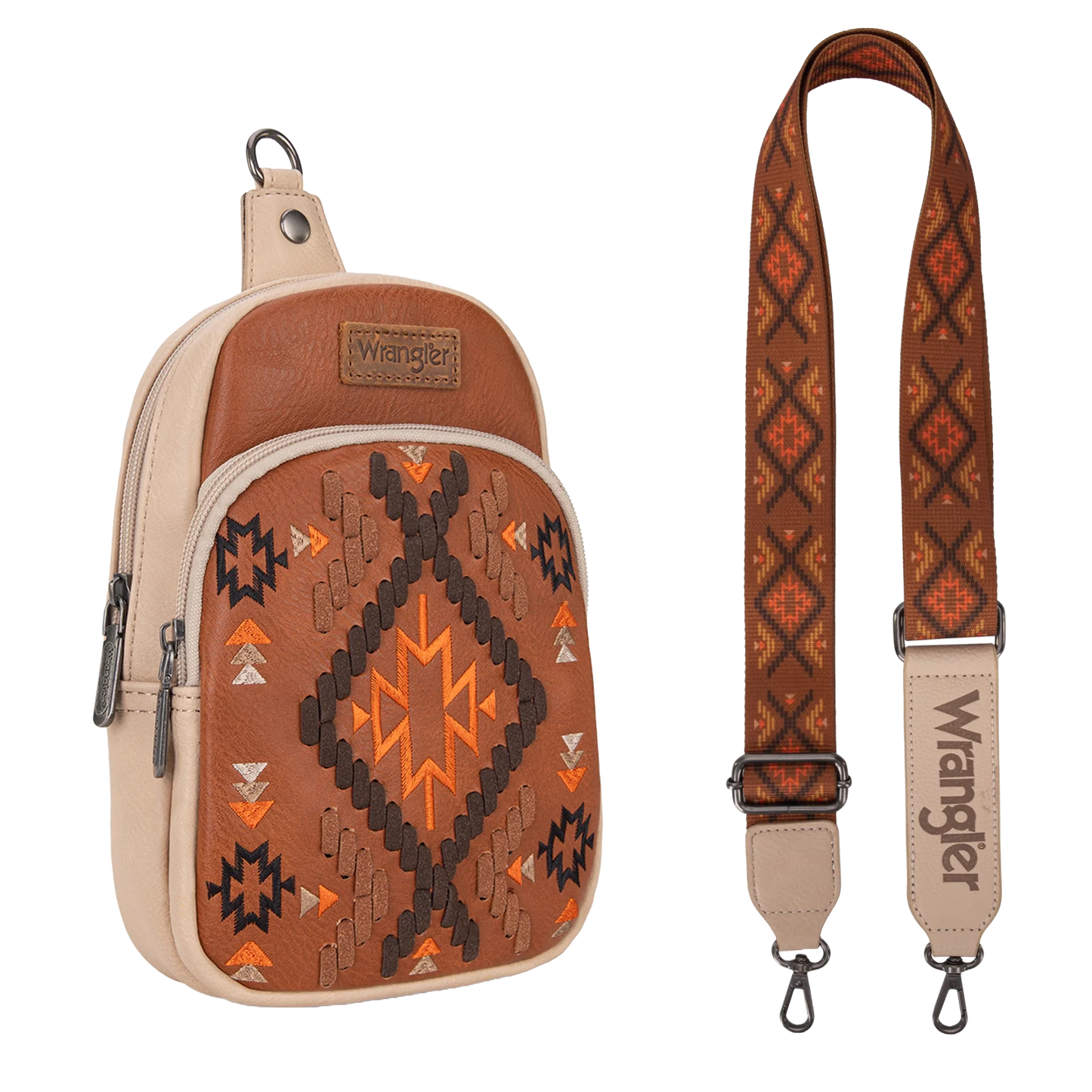 Wrangler Ladies Southwestern Embroidered Brown Sling Bag WG2214-210BR