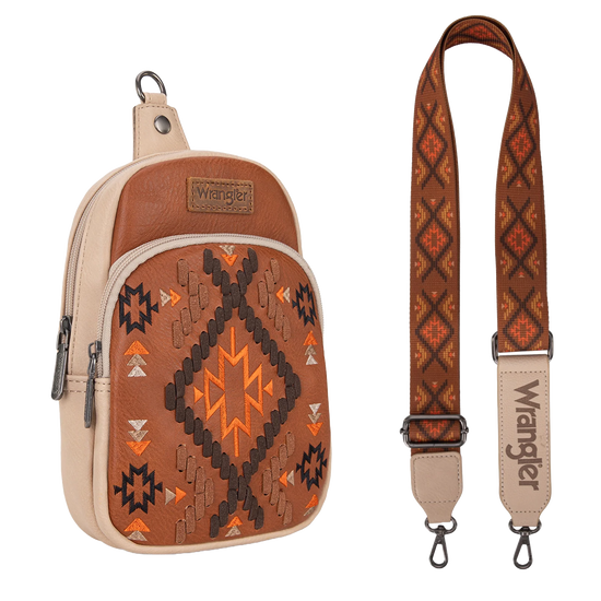 Wrangler Ladies Southwestern Embroidered Brown Sling Bag WG2214-210BR