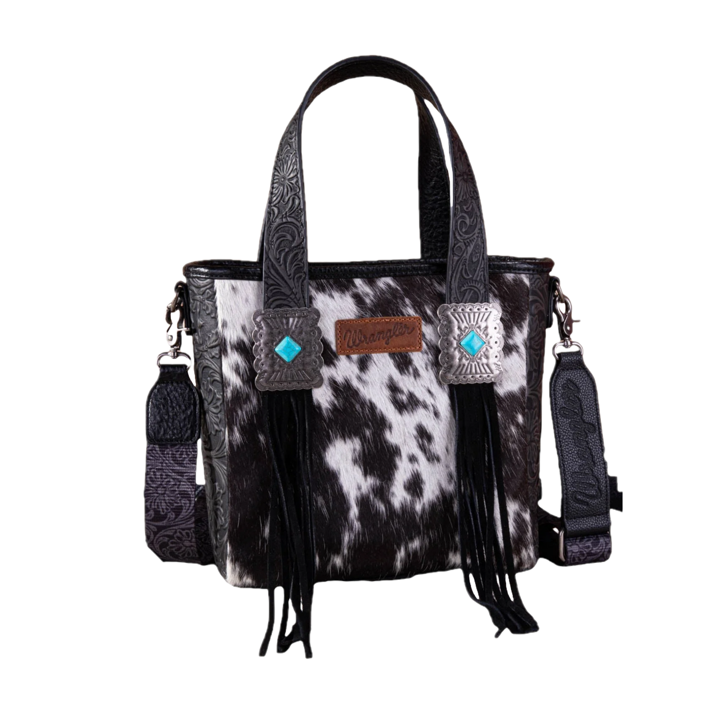 Wrangler Ladies Hair-On Cowhide Vintage Floral Concealed Carry Black Tote Crossbody Bag WG66-2001BK