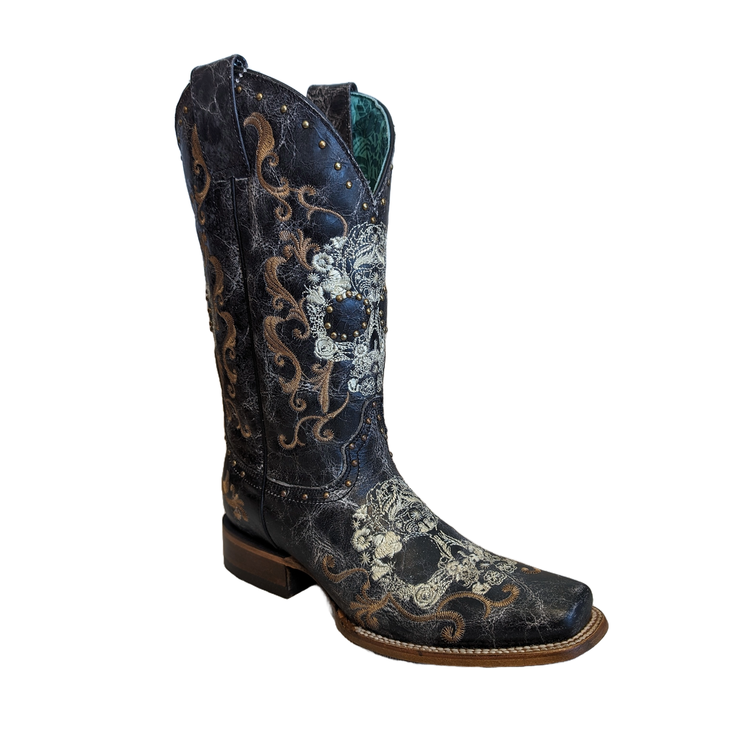 Corral Ladies White Floral Skull & Studs Black Leather Boots Z5005