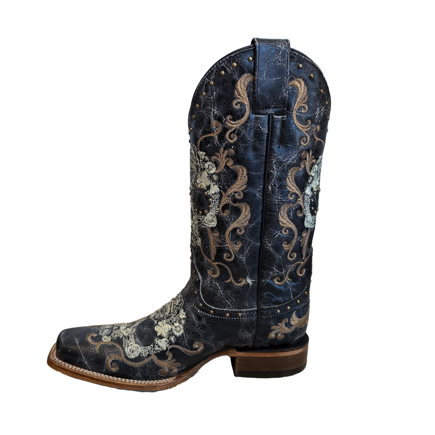 Corral Ladies White Floral Skull & Studs Black Leather Boots Z5005