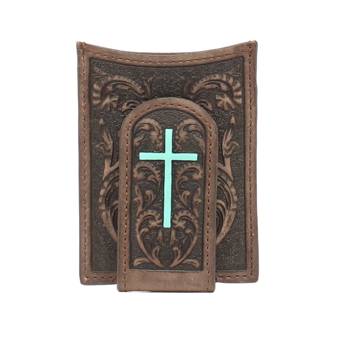 Ariat Men's Brown Floral With Turquoise Cross Money Clip Wallet A3527202