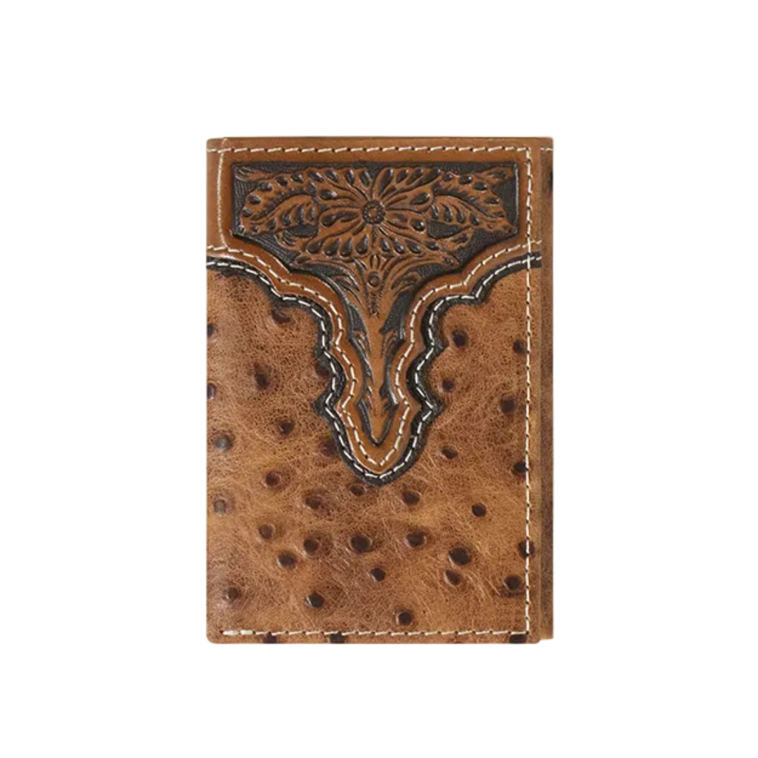 Ariat® Men's Floral Embossed Ostrich Brown Tri-Fold Wallet A3553202 - Wild West Boot Store