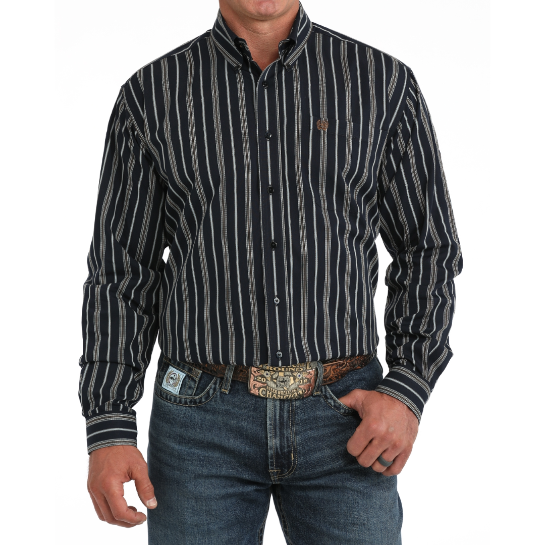 Cinch Mens Navy Blue Striped Button Down Shirt MTW1106150