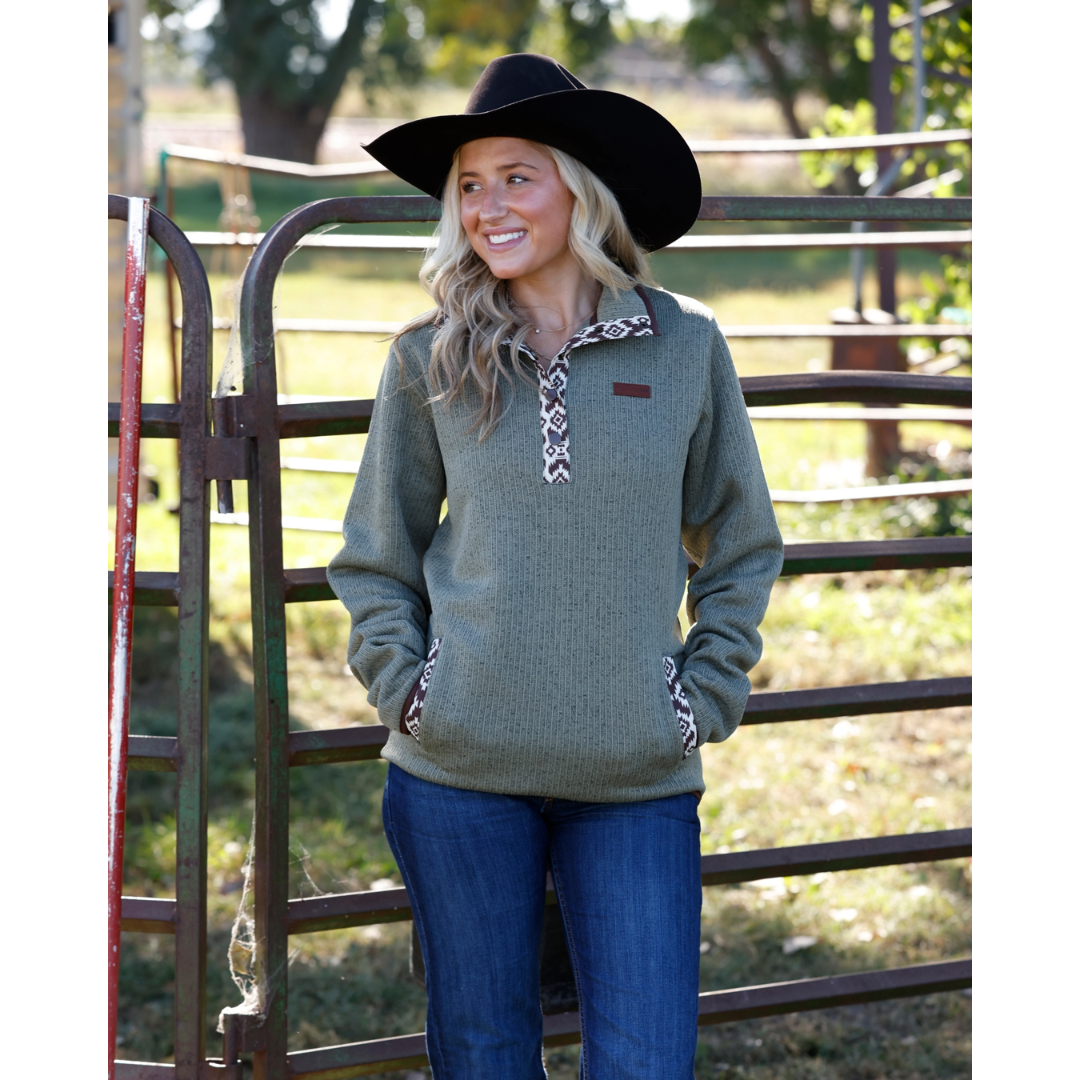 Cinch Ladies Olive Green Aztec Trim Fleece Pullover MAK9909005