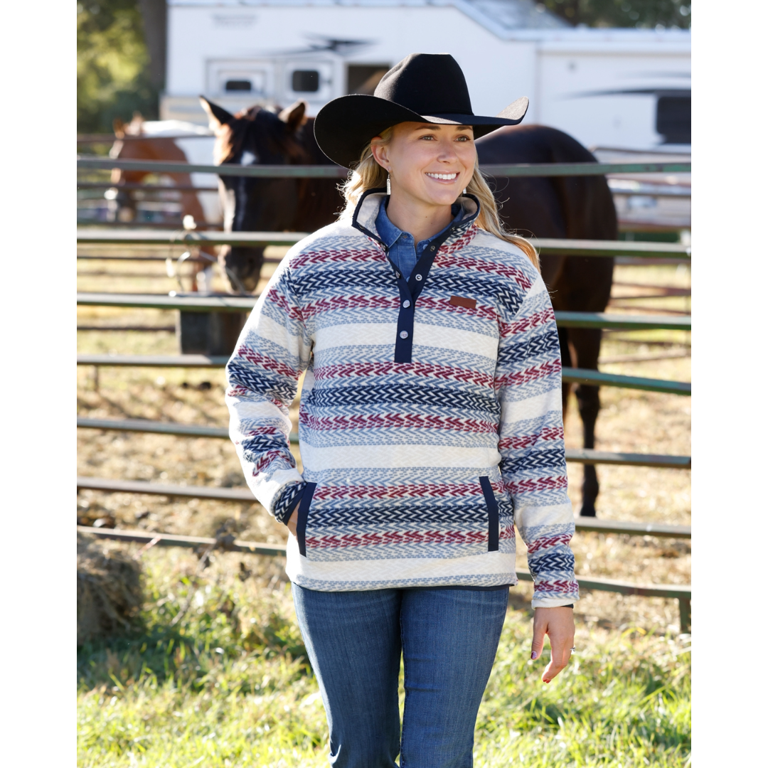 Cinch Ladies Cream Stripe 1/4 Snap Fleece Pullover MAK9909006