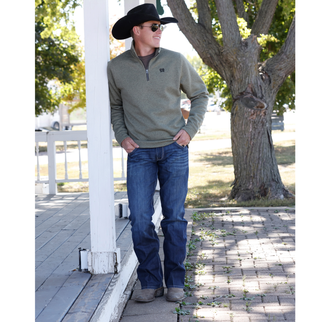 Cinch Men's Olive 1/4 Zip Ribbed Knit Pullover MWK1080021